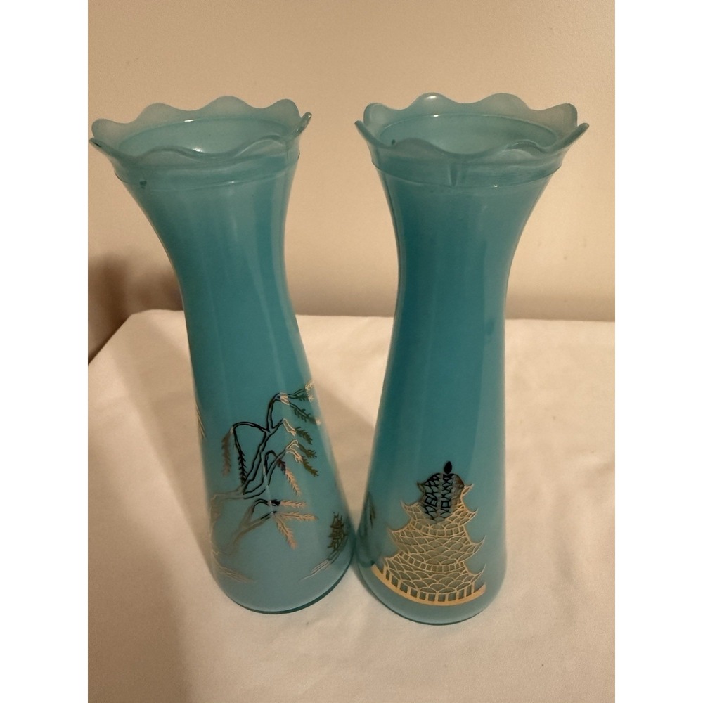 Set Of 2 Vintage Mcm Oriental Aqua Blue/Teal Gold Vases‎ Great Cond.